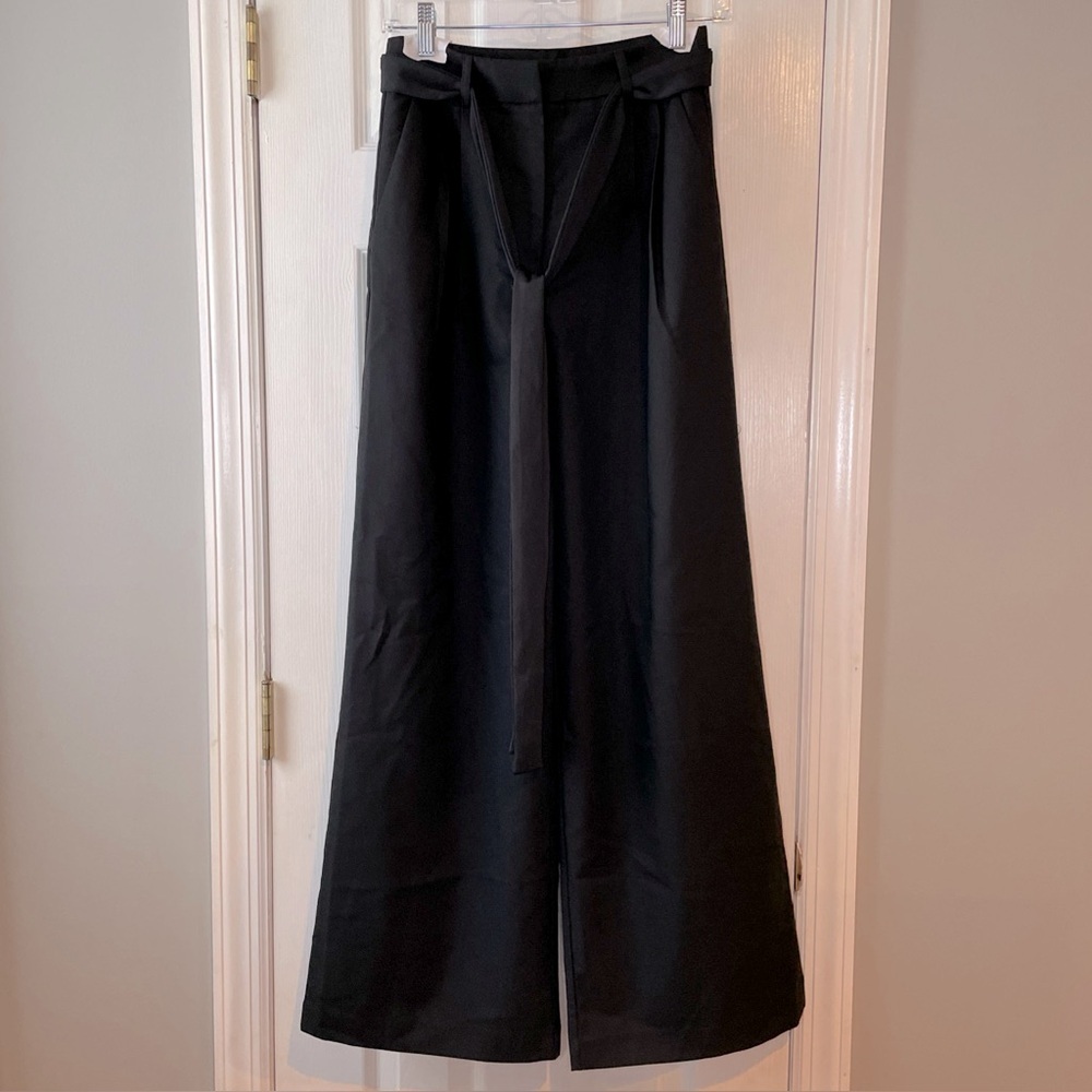 New Commense Pants XS/2 Black Solid Wide Leg Long Removable Belt Office Workwear